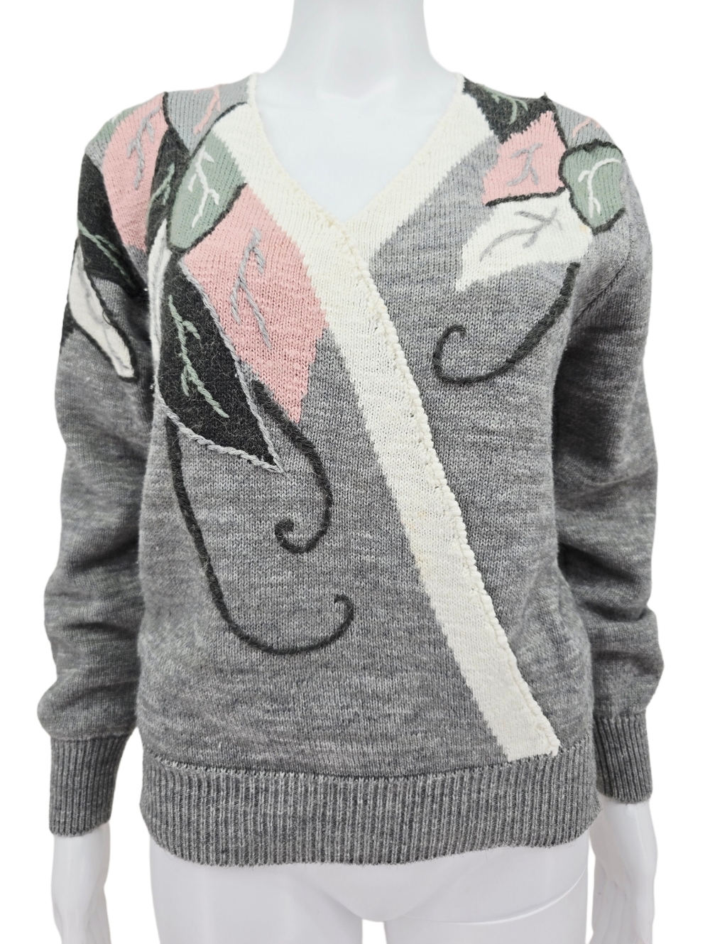 Vintage Women's V-Neck Fall Sweater Gray M